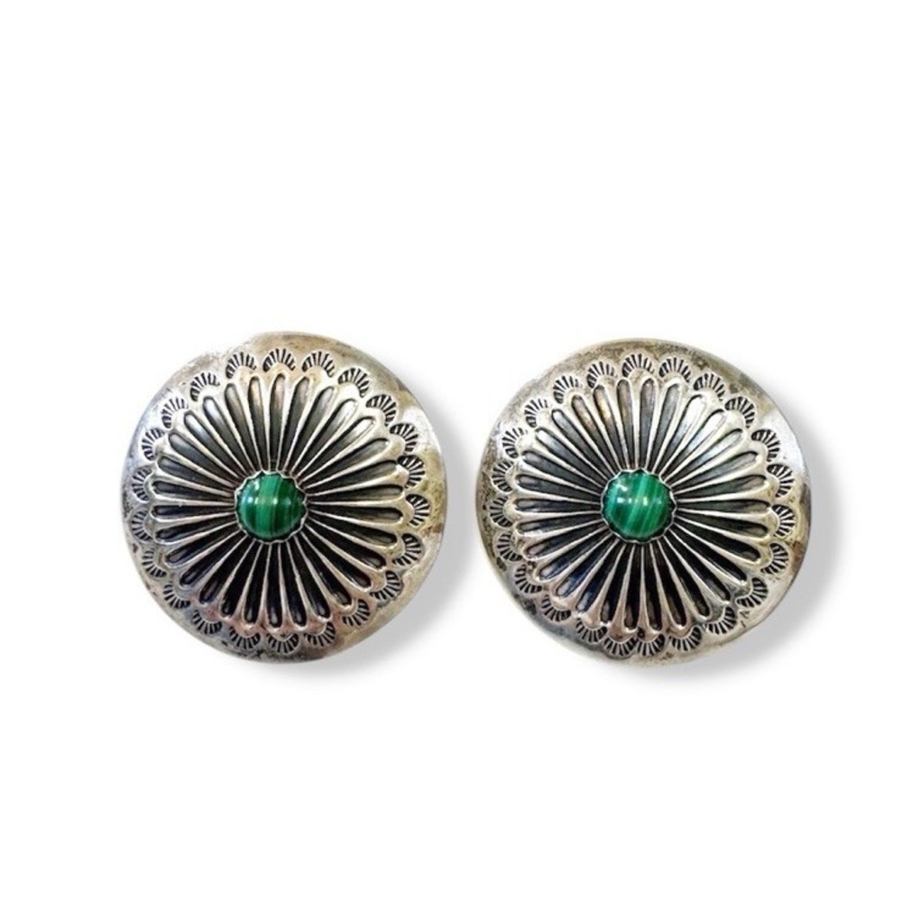 Navajo Native American Sterling Silver Malachite Concho Clip-on Earrings Old VTG
